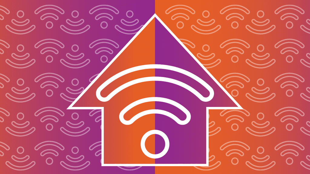 A white Wi-Fi symbol inside a house icon set against a split purple and orange gradient background with a repeating Wi-Fi pattern, representing Anthem Connect's symmetrical multi-gig fiber internet for whole-home connectivity.