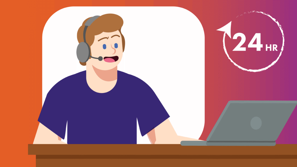 An illustrated Anthem Connect customer support representative wearing a headset and sitting at a laptop, with a 24-hour clock icon, representing round-the-clock human internet support for customers in Georgia and California.