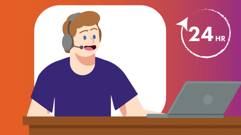 An illustrated Anthem Connect customer support representative wearing a headset and sitting at a laptop, with a 24-hour clock icon, representing round-the-clock human internet support for customers in Georgia and California.